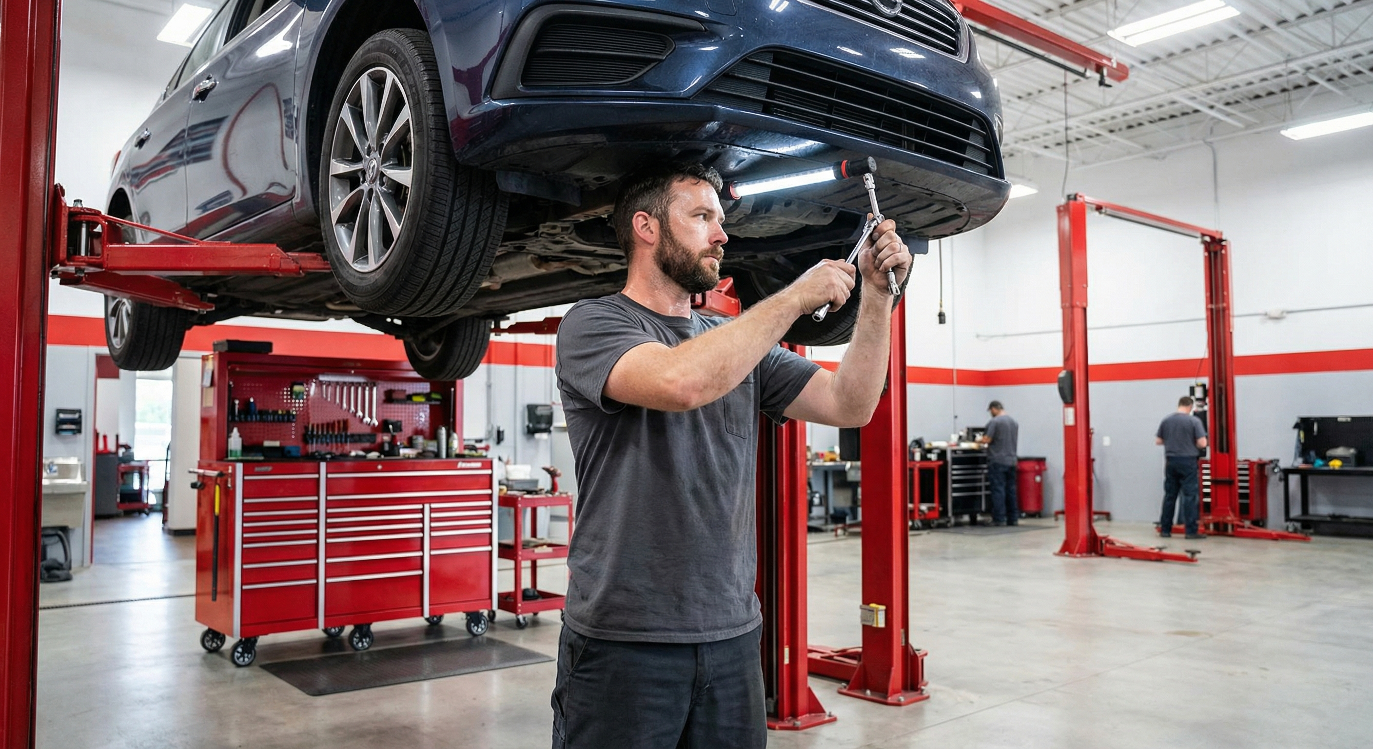 Professional mechanic working on car engine